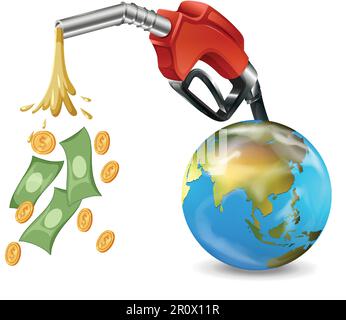 Fueling nozzle gasoline and earth planet on white background illustration Stock Vector