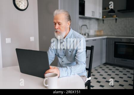 Focused gray-haired mature male using typing on laptop computer sitting at table in modern kitchen room. Serious bearded senior older businessman Stock Photo