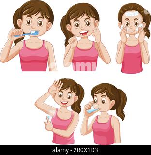 Set of female teen doing self care routine illustration Stock Vector