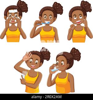 Set of Afro female teen doing self care routine illustration Stock Vector