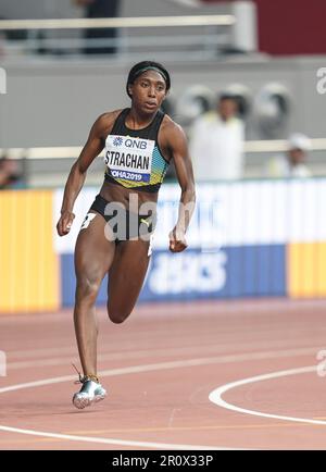 Anthonique Strachan running the 200m at the 2019 World Athletics Championships in Doha. Stock Photo