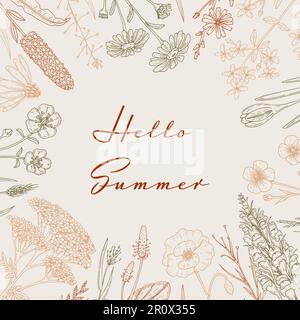 Hand drawn summer wildflowers frame. Vector illustration in sketch style. Meadow flowers aesthetic background. Summer design Stock Vector