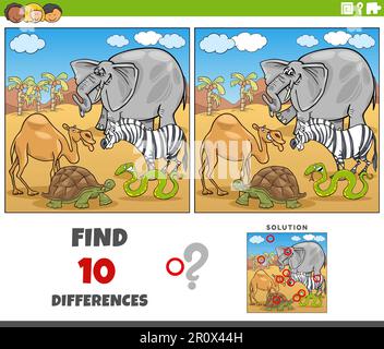 Cartoon illustration of finding the differences between pictures educational activity with animal characters Stock Vector