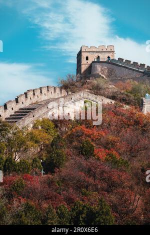 An aerial view of the Great Wall of China, a series of fortifications made of stone, brick, tamped earth, wood, and other materials, extending Stock Photo