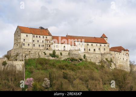 Burghausen in the Altötting district of Upper Bavaria in Germany. Panorama of Burghausen Castle. Medieval gothic castle above town. Stock Photo