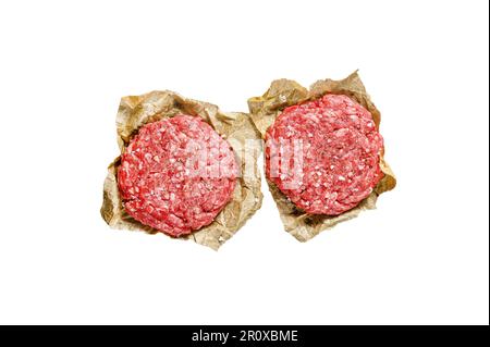 Home HandMade Raw Minced Beef steak burgers. Farm organic meat. Isolated on white background Stock Photo