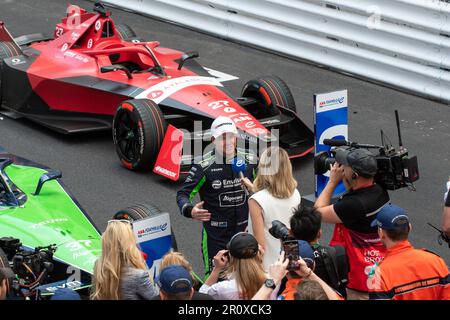 Race winner Nick Cassidy (Envision Racing Team) respondsto the press on the finish line of the 2023 Monaco Fia ABB Formula E World Championship in Monaco on June 06, 2023. Photo by Laurent Coust/ABACAPRESS.COM Stock Photo