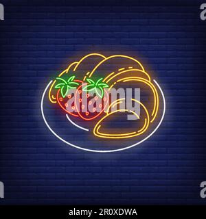 Pancakes with strawberries neon sign Stock Vector