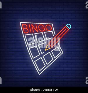 Bingo neon lettering on card and pencil Stock Vector
