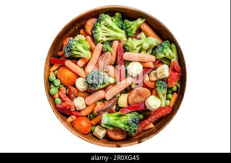 Frozen cut Vegetables, broccoli, sweet peppers, tomatoes, carrots, peas and corn. Isolated on white background Stock Photo