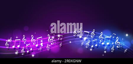 multicolor music notes poster neon retro color background. designs for music flyers and banners Stock Photo