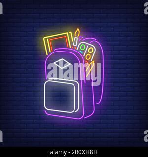 Backpack with artist's materials neon sign Stock Vector