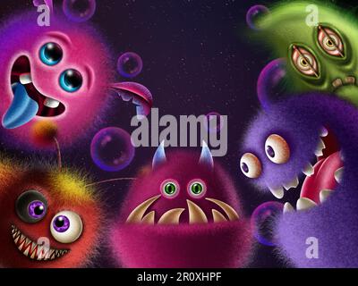 Funny monsters on the background of the starry sky Stock Photo