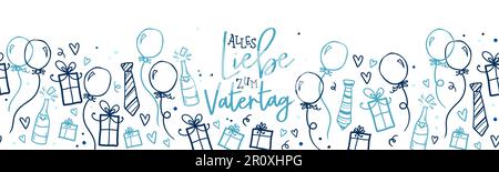 Cute Father's Day design with german text "Happy Father's Day", hand drawn doodles, gift boxes, balloons, confetti - great for banners, wallpapers, ca Stock Vector