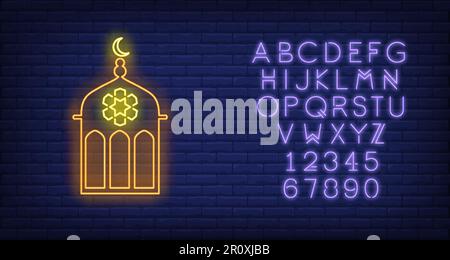 Mosque dome and crescent moon neon sign Stock Vector