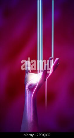 Portrait with neon rays, light shining through the human hand over abstract minimal pink background in neon light. Modern technologies, ad Stock Photo