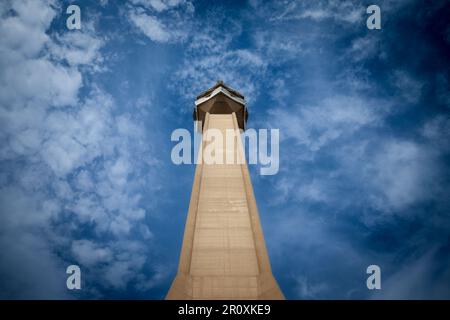 Picture of the Avala tower seen from the nearby forest. The Avala Tower is a 204.68 m tall telecommunications tower located on Mount Avala, in Belgrad Stock Photo