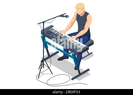 Isometric synthesizer. Synthesizer analog sound Man playing digital piano Stock Vector