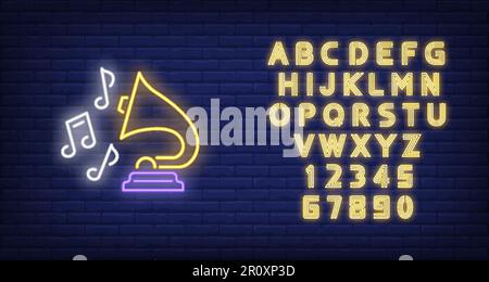 Gramophone and music notes neon sign Stock Vector