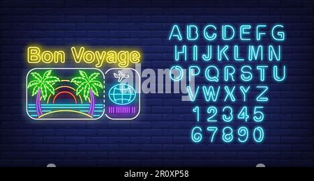 Bon Voyage neon lettering with beach and flight ticket logo Stock Vector