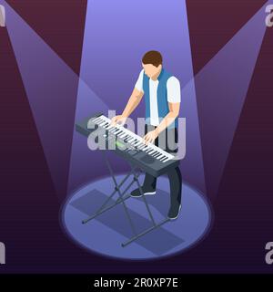 Isometric synthesizer. Synthesizer analog sound Man playing digital piano Stock Vector