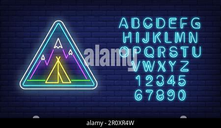Camp in mountains neon sign Stock Vector