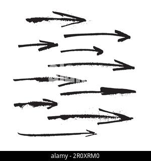 Vector illustration: arrows hand drawn with strokes of paint with splashes on a white background Stock Vector