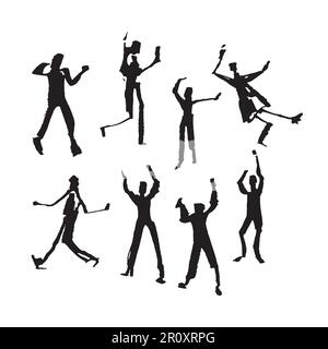 Vector hand-drawn silhouettes of dancing people. Isolated paint blots on a white background. Stock Vector