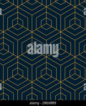 Abstract geometric pattern background with hexagonal and triangular texture. Blue and gold seamless grid lines. Simple minimalistic pattern. Stock Vector