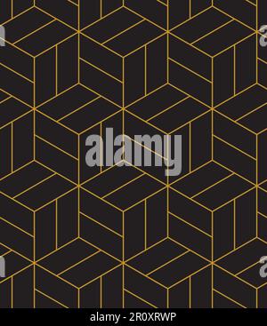 Abstract geometric pattern background with hexagonal and cube texture. Black and gold seamless grid lines. Simple minimalistic pattern. Stock Vector