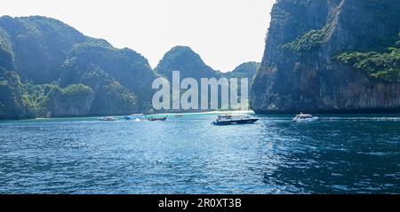 Views from Ferry boat arriving to Phi Phi Islands Stock Photo