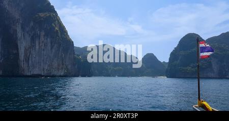Views from Ferry boat arriving to Phi Phi Islands Stock Photo