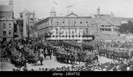 The Boer War, also known as the Second Boer War, The South African War and The Anglo-Boer War. This image shows: At Port Elizabeth: The residents welcome the Scarlet Lancers. Original photo by the “American Photo Company”, c1899. Stock Photo