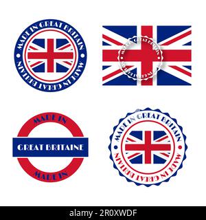 Set of various Made in Great Britain labels isolated on white background, vector illustration. Stock Vector
