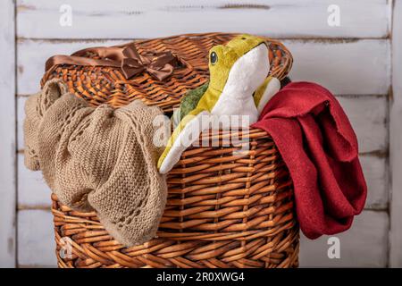 A stuffed turtle pops out of a wicker basket of dirty laundry Stock Photo
