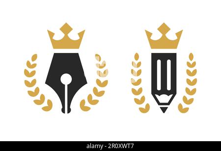 Royal pen and royal pencil. Pen and pencil with crown. Conceptual logo for lawyer, copywriter, writer, stationery, education, school, academy. Isolate Stock Vector