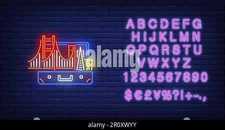 Bridge and buildings in open suitcase neon sign Stock Vector