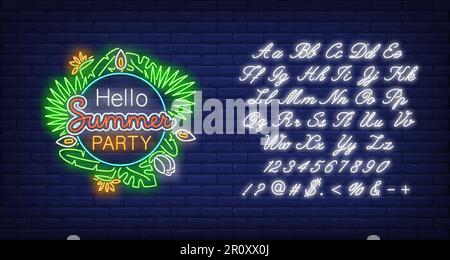 Hello Summer Party neon text with exotic plants leaves Stock Vector