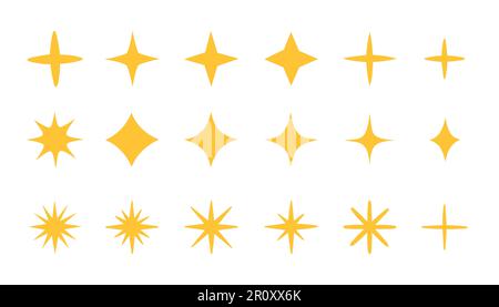 Yellow sparkles set, vector sparkling stars, shiny flashes of fireworks. Set of star elements of various shapes. Stock Vector