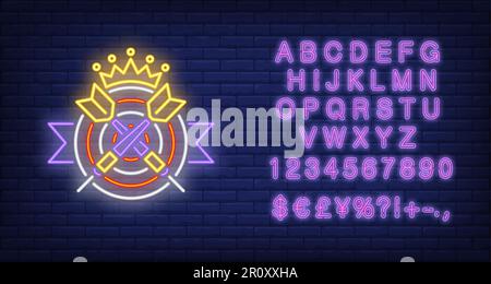 Two crossed darts on target with crown neon sign Stock Vector