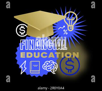 Financial education vector illustration. Investment literacy creative concept banner. Finance and money knowledge graduation cap 3D render style with Stock Vector