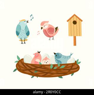 Birds illustrations set. Vector singing birds in the nest with eggs and chick, birdhouse seasonal flat style collection Isolated Stock Vector
