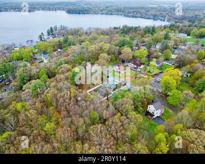 An Aerial view of Lake Attitash in Merrimac, Massachusetts Stock Photo