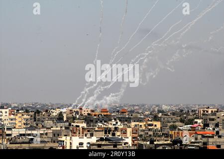 This picture taken from Gaza City shows Palestinian rockets being fired towards Israel on Wednesday May 10, 2023. Photo by Ismael Mohamad/UPI Credit: UPI/Alamy Live News Stock Photo