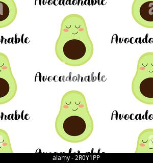 Cute avocado cartoon illustration seamless pattern. Green smiling avocado adorable for greeting card. Stock Vector
