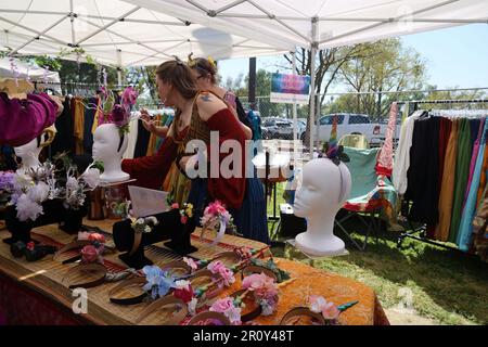 4-15-2023: Visalia, California: Artwork and vendors in period costumes