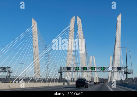 Drivers’ perspective view over the road of the I-287 on the twin cable-stayed Tappan Zee Bridge, officially named Governor Mario M. Cuomo Bridge Stock Photo