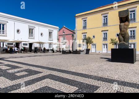 Cascais, Portugal-October 2022; Low angle view over the courtyard of the Cascais Citadel Palace Museum inside the Cascais Citadel with artwork Stock Photo