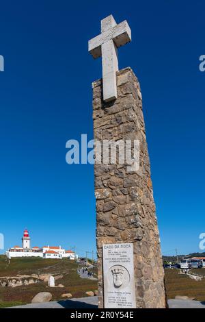 Cascais, Portugal-October 2022; Close up view of monument Cabo da Roca as the westernmost point of continental Europe with Cabo Raso Lighthouse Stock Photo
