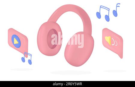 Headphones music notes and music buttons 3d vector Stock Vector